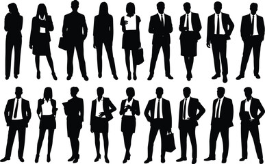 Silhouette group of business people standing together, professional men and women in office attire, teamwork, leadership, corporate success, collaboration