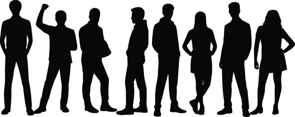 Silhouette group of diverse people standing together, teamwork, business professionals, men and women, modern lifestyle, success, unity, cooperation, collaboration, community
