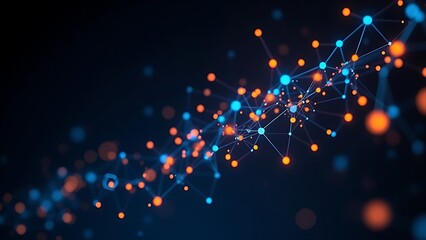 Abstract network of glowing nodes and connections in blue and orange floating in space.