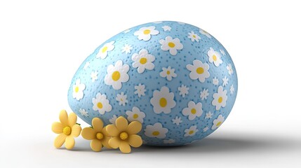 3D Blue Easter Egg Vector Illustration: Yellow Flowers on Egg, Transparent Background, Cartoon Style, PNG Format, Clipart Cut-Out Template for Easter Party