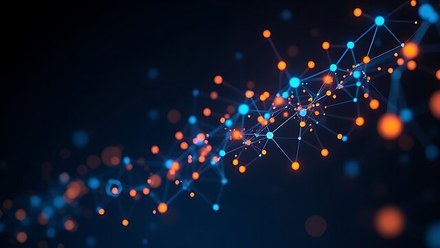 Abstract network of glowing nodes and connections in blue and orange floating in space.