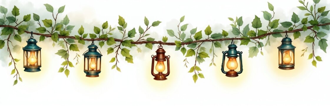 Charming string of vintage lanterns with green vines and leaves. Illuminated by warm light, these decorative lights create a romantic, cosy ambience for any garden or patio setting.
