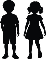 Silhouette of young boy and girl standing together, children illustration, childhood friendship, kids lifestyle, school concept, family, education, playful moments