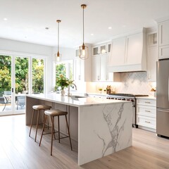 Fototapeta premium Modern white kitchen with marble island