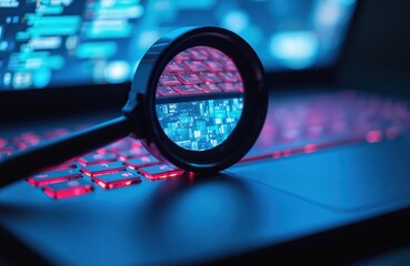 Magnifying glass examines glowing neon keyboard with digital data reflected in lens. Explore cyberspace, search online information, investigate computer systems. Tech tool signifies discovery,