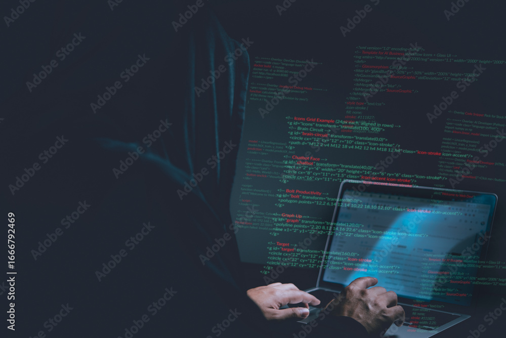 Poster cybersecurity hacker typing code on laptop in dark room, concept of hacking, malware, identity theft