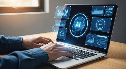 Professional using AI analytics on laptop for business growth and data driven decisions in a modern workspace with digital charts and infographics