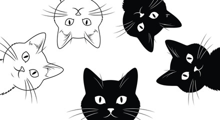 Cute cat heads black and white drawing vector graphic design