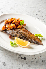 Grilled fish fillet with golden skin, served with chunky vegetable salsa, lemon wedge, and parsley on a white plate over a stone surface