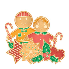 Composition of gingerbread watercolor isolated illustration. Hand drawn holiday sketch for kids in simple style.