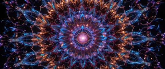  Iridescent Colors and Refractive Effects Create a Mandala that Looks Like Light Passing Through a Prism, on Black.