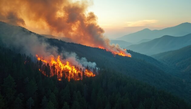 Aerial view shows devastating wildfire burning across forested mountain landscape. Intense flames, thick smoke rise from trees on hillside. Scene conveys nature destructive power, climate change - Powered by Adobe