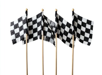 Four checkered racing flags on wooden poles