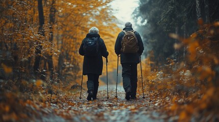 An elderly couple walks along a path in an autumn forest with backpacks and walking sticks.
Useful for articles about tourism, advertising active recreation, and blogs about healthy aging.
