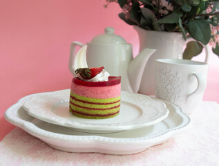 Dessert Concept , Strawberry cake on Pink Background