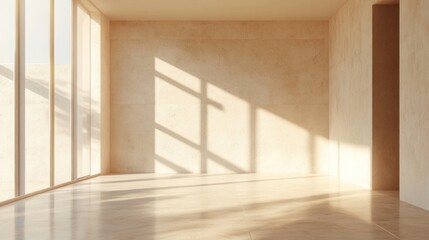 Obraz premium Sunlight streams through large windows into a minimalist interior with beige walls — perfect for interior design, architecture, and comfort.