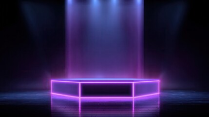 3d purple square neon light podium glow for game. Led effect hologram and product display platform in dark scene. Cyber laser room and pedestal for casino winner presentation. Realistic shine arena