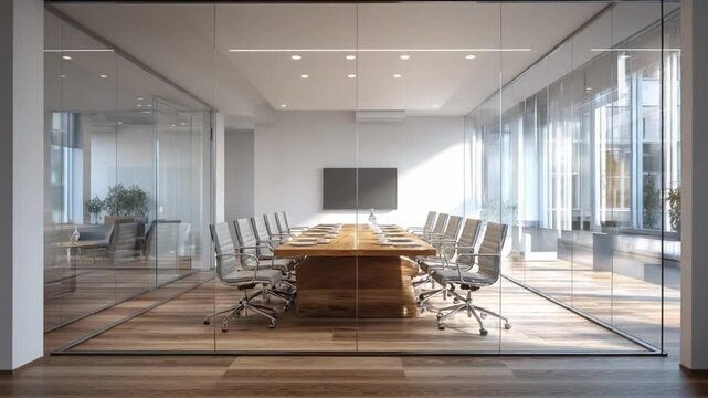 Conference Room Minimalism: A modern conference room bathed in natural light, with sleek glass walls and a long wooden table, designed for productive collaboration.