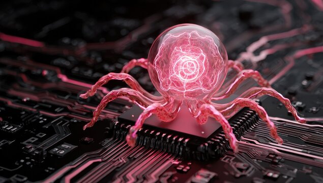A glowing red spider-like creature sits atop a circuit board