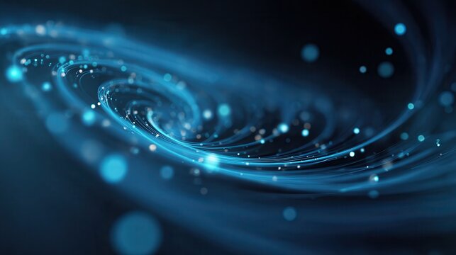 A blue banner with swirling, 3D particles representing technology. It's an abstract image that suggests scientific research, big data, and the power of technology