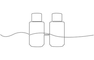 Continuous one line drawing of cosmetic shampoo bottles, vector.