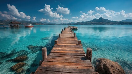Obraz premium Standing at the dock, looking at the clear water on the lake, feeling very happy