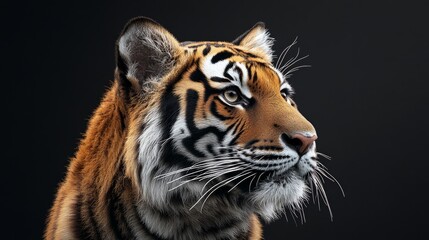 Obraz premium A large portrait of a tiger with bright stripes and a piercing gaze against a dark background, emphasizing the power and grace of the predator. Useful for illustrating articles about wildlife, 