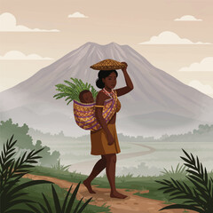Papuan mother carries her baby in a noken bag, walking home from sago harvest against misty mountains in a beautiful 2D flat vector illustration.