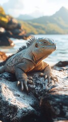Fototapeta premium A marine iguana on rocks by the water, a natural landscape for articles about wildlife and travel.