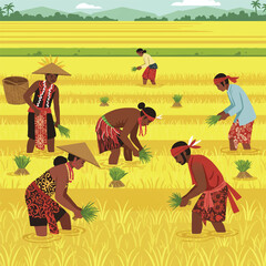Joyful flat vector shows diverse Asian community members, including Dayak, Papuan, and Javanese, planting rice in traditional attire within a bright sunny field.