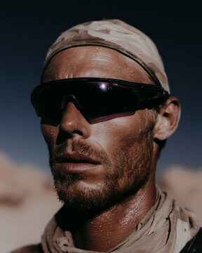 A male runner wearing a bandana and glasses is standing before a desert run. Marathon and race preparation.