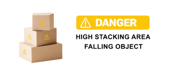 Stacked cardboard boxes with a warning sign indicating danger from falling objects in a high stacking area.