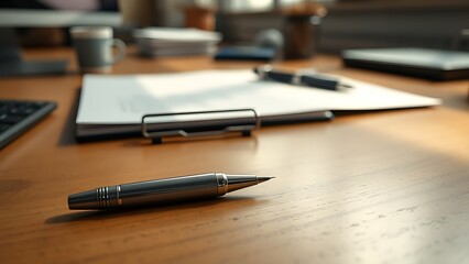 A single pen lying on a wooden desk with blurred background, professional workspace vibe.