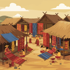 Sumba weavers collaboratively working in a bustling open-air market with colorful ikat fabrics hanging from layered stalls, a warm earth tone flat vector illustration.