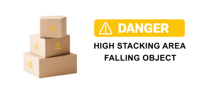 Stacked cardboard boxes with a warning sign indicating danger from falling objects in a high stacking area.