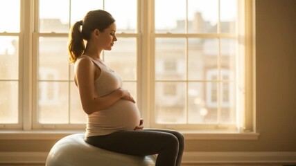 Pregnant woman sitting on fitness ball in natural light indoors - Powered by Adobe