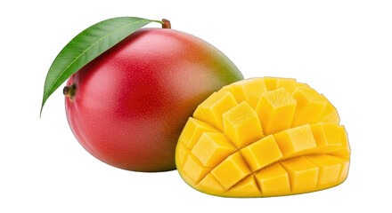Ripe red mango fruit and sliced mango cubes fresh juicy tropical food photography transparent background