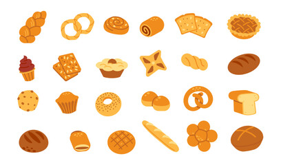 Bakery products. Fresh bread. Simple cartoon homemade pretzel, ciabatta, bun, dough, cookies, slice toast, loaf of bread. Various sorts bakered goods for cafe menu, posters. Vector set