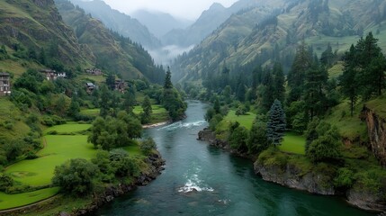 High mountains on both sides, a small river in the middle