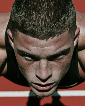 Close-up of a muscular man training at an outdoor gym. Strength training and fitness.