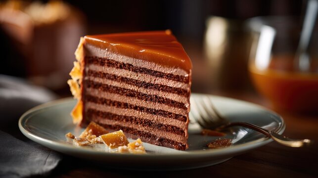 crafted Dobos Torta, showing multiple thin layers of chocolate sponge cake filled with creamy chocolate buttercream