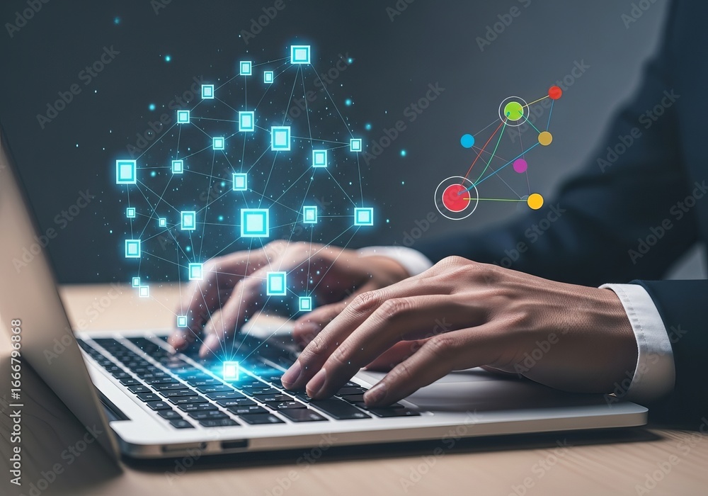 Poster closeup of hands typing on a laptop with a glowing digital network of squares and nodes, representin