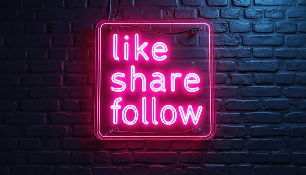 Bright pink neon sign displaying LIKE SHARE FOLLOW illuminates a dark brick wall. This glowing text promotes social media engagement, online interaction, and audience growth.