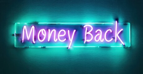 Bright neon sign displays Money Back. Turquoise glow contrasts dark background. Simple message, bold presentation.
