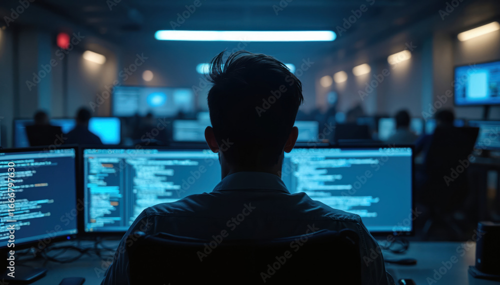 Poster man works late in high-tech office, focused on multiple computer screens displaying code. dark blue 