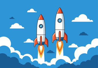 Fototapeta premium Two Cartoon Rockets Ascending Through Clouds