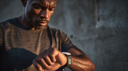 An African American man checks his fitness watch to monitor his heart rate after a workout. Strength training and fitness.