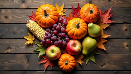 Heart shaped pumpkins, apples, grapes, corn and autumn leaves on rustic wooden table, fall harvest and Thanksgiving theme