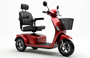 Three-wheeled red mobility scooter featuring black padded with adjustable armrests, headrest. Equipped with front storage basket, electric motor, designed for enhanced personal transportation,
