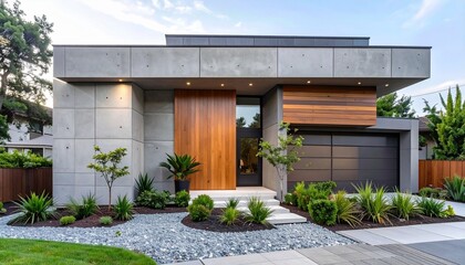 Modern Concrete and Wood Exterior Home with Large Wooden Door and Garage